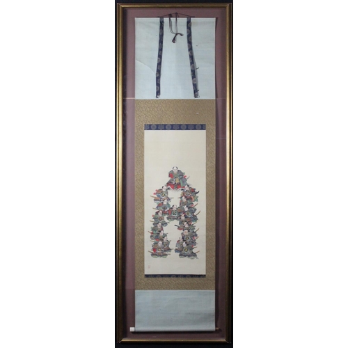 486 - Japanese Samurai hand painted ink on silk hanging scroll. Housed in large glazed frame. (Buyer colle... 