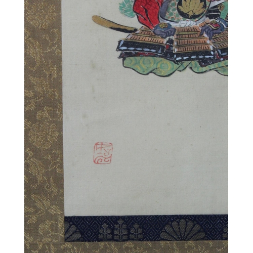 486 - Japanese Samurai hand painted ink on silk hanging scroll. Housed in large glazed frame. (Buyer colle... 