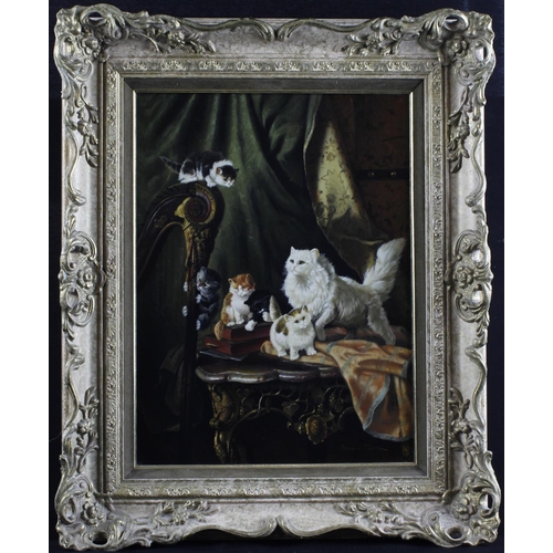 489 - Kleyn, Adriaen. After Henriette Ronner-Knip. Oil on panel depicting a cat and kittens playing on a t... 