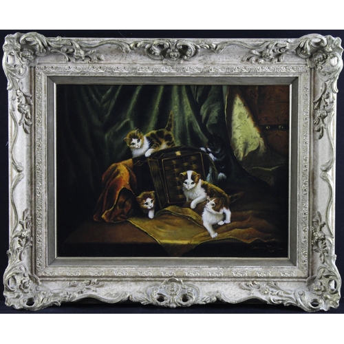 490 - Kleyn, Adriaen. After Henriette Ronner-Knip. Oil on panel depicting a group of kittens playing aroun... 