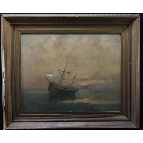 494 - Local interest. Gowers, Arthur (Ipswich 1863-1903) Oil on Canvas depicting an anchored fishing vesse... 