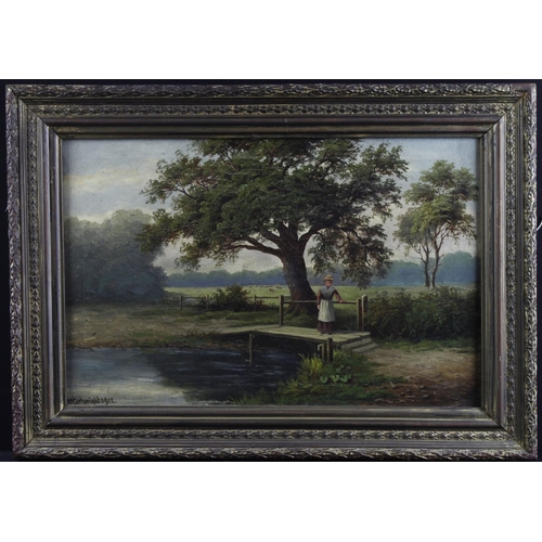 501 - N P Cartwright. Oil on canvas depicting a woman standing on a wooden bridge over a stream with field... 