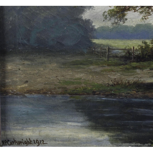 501 - N P Cartwright. Oil on canvas depicting a woman standing on a wooden bridge over a stream with field... 