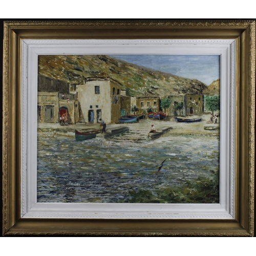 502 - Oil on board depicting a small fishing village in Malta. Unsigned. Measures approx 54cm x 44cm. In a... 