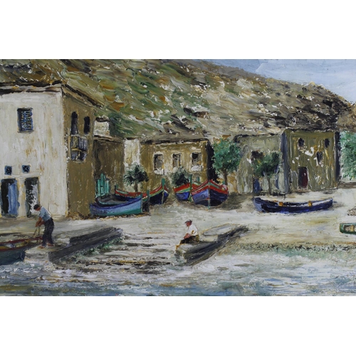 502 - Oil on board depicting a small fishing village in Malta. Unsigned. Measures approx 54cm x 44cm. In a... 