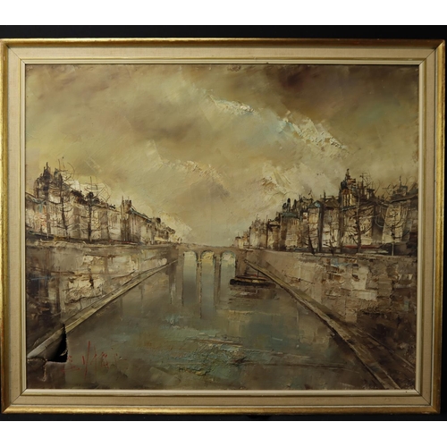 503 - Oil on Canvas depicting an urban waterway with bridge. Signed in red, lower left (indecipherable). H... 