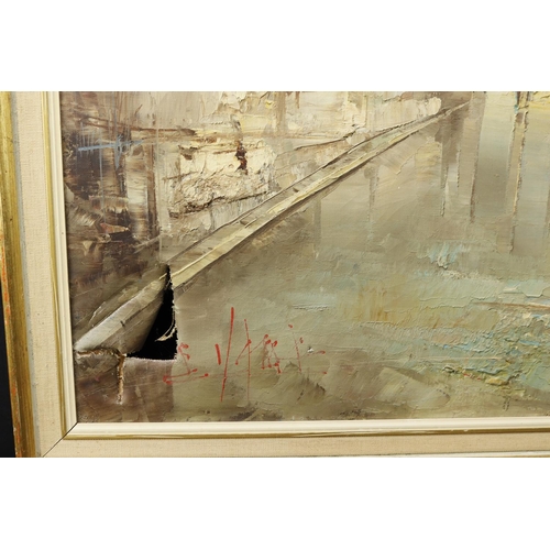 503 - Oil on Canvas depicting an urban waterway with bridge. Signed in red, lower left (indecipherable). H... 