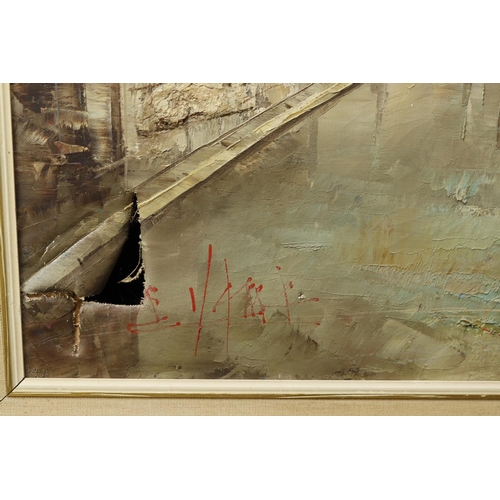 503 - Oil on Canvas depicting an urban waterway with bridge. Signed in red, lower left (indecipherable). H... 