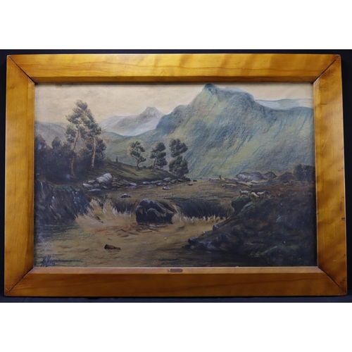 512 - Pastel on paper titled Glen Garry, with grazing sheep and a figure standing in the background. Artis... 