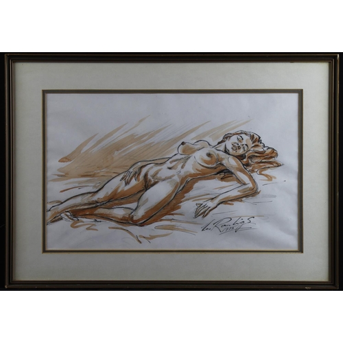 514 - Reclining Nude by Leo Rawlings. Ink and wash. Signed lower right and dated 1975. Framed and glazed. ... 