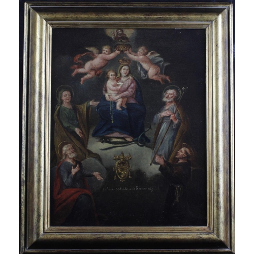 516 - Religious Iconography. Oil on board titled 'The Virgin of Rosario Romano 1789'. In a gold painted fr... 