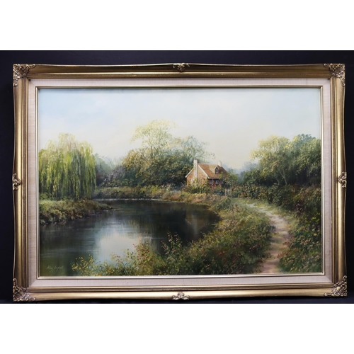 522 - Scoffield, Hilary (British b.1958) Oil on canvas depicting a rural cottage by a river. Signed by the... 