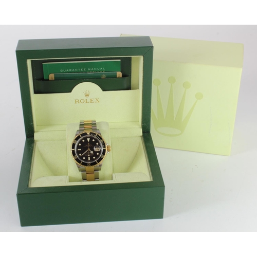 566 - Gents Rolex Oyster Perpetual Date Submariner circa 2008 with black dial and bezel on a bi-metallaic ... 