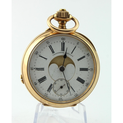 567 - Gents 14ct cased open face pocket watch, the white signed dial by Calendrier Brevete with roman nume... 