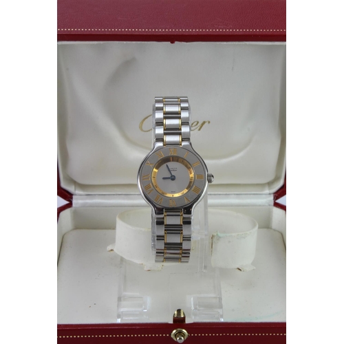 651 - Cartier Must de Cartier 21 ladies stainless steel quartz wristwatch, Ref. 1340. On a bi-metallic bra... 