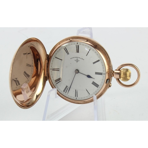 665 - 9ct cased mid-size full hunter pocket watch. Approx 43mm dia, total weight 51.6g. Working when catal... 