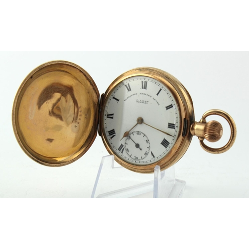 667 - Football interest. Gold plated Moon cased full hunter pocket watch, white enamel dial with Arabic nu... 