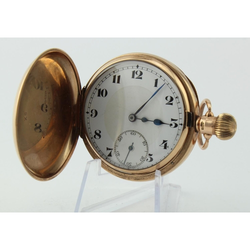 672 - Gents 9ct cased full hunter pocket watch, hallmarked Chester 1927. The white dial with black roman n... 