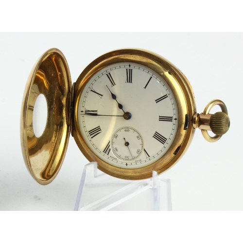 675 - Gents gold filled half hunter pocket watch. Approx 50mm dia, working when catalogued