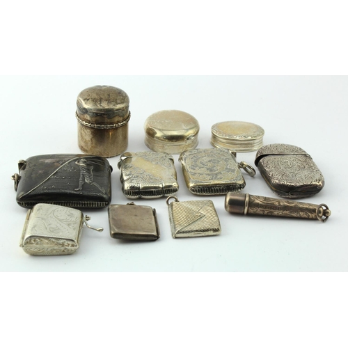 801 - Mixed silver. A group of eleven various silver hallmarked vesta cases, trinkets, etc., silver weight... 