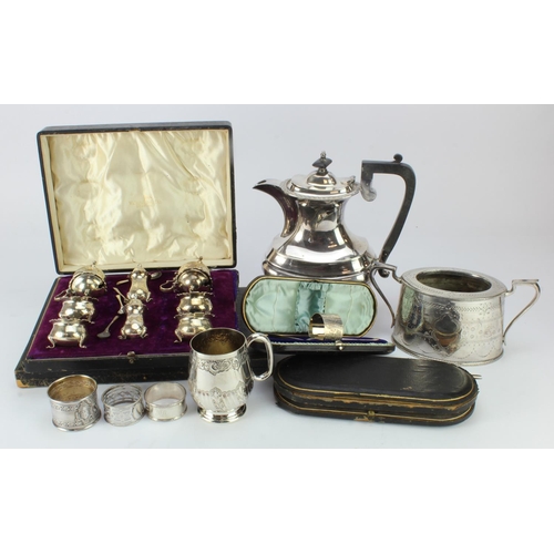 803 - Mixed silver. A group of various hallmarked silver items, comprising an eight piece cruet set (cased... 