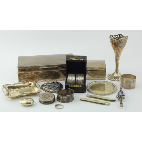 805 - Mixed silver. A group of various silver hallmarked napkin rings, boxes, trays etc., silver weight 9o... 