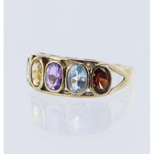 82 - 9ct yellow gold mixed gemstone ring, set with peridot, citrine, amethyst, topaz and garnet all in a ... 