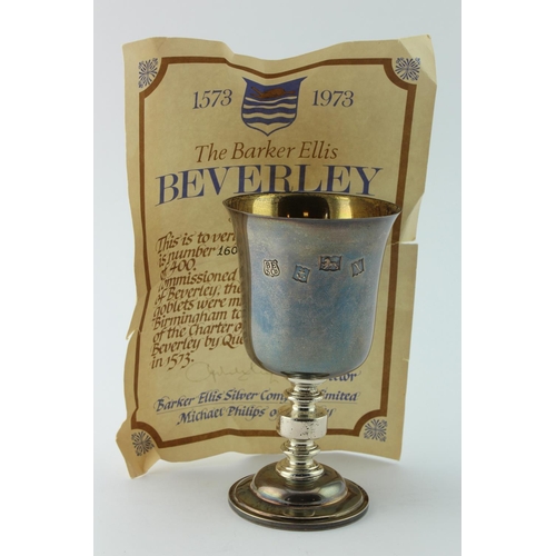 829 - Silver Barker Ellis 1973 Beverley commemorative goblet, 160 of 400, with certificate. Weight 184.7g