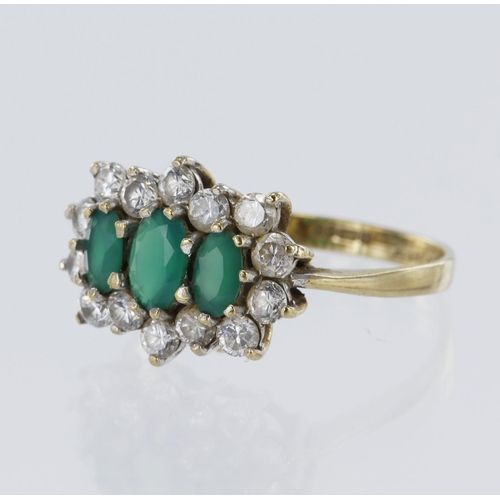 84 - 9ct yellow gold triple cluster ring set with three graduated oval emeralds and surrounded by fourtee... 