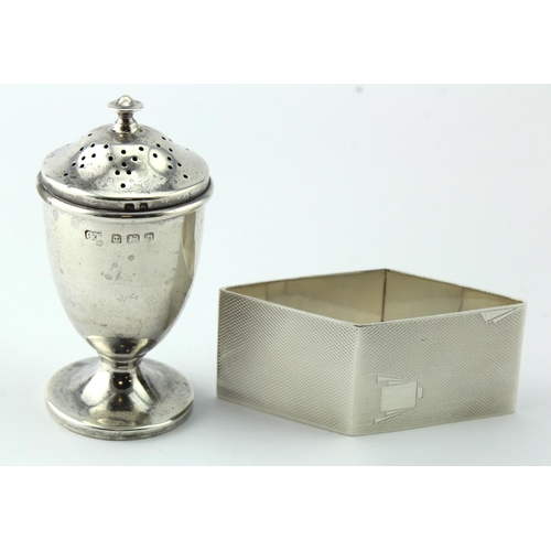 844 - Silver pepper hallmarked Birm 1917/1918 on lid and base plus a silver engine turned napkin ring hall... 