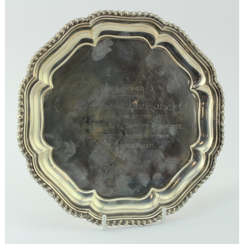 847 - Silver salver, raised on three feet, hallmarked 'E&Co., Birmingham 1959', with presentation inscript... 