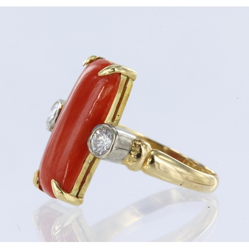 86 - 18ct yellow gold diamond and coral trilogy ring, rectangular cabochon cut coral measures 18.14mm x 8... 