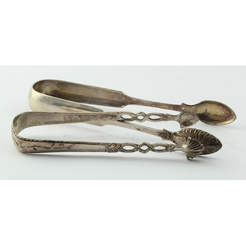 869 - Sugar Tongs. Two pairs of silver sugar tongs, hallmarks consist 'ARS, Glasgow 1800' (16cm, weight 46... 