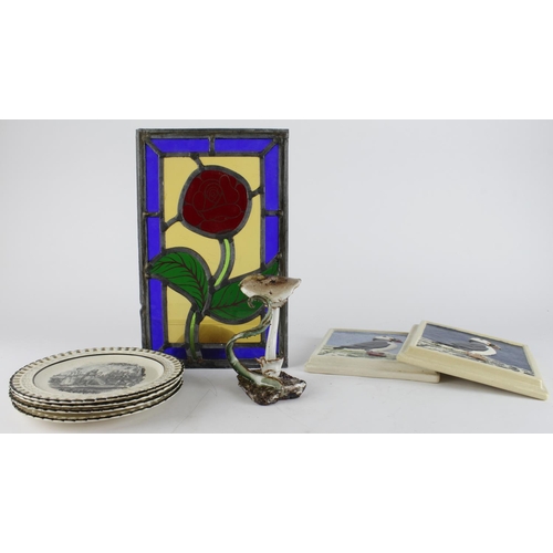 906 - Ceramics & Glass. A group of various ceramic & glass items, including two hand painted tiles, depict... 