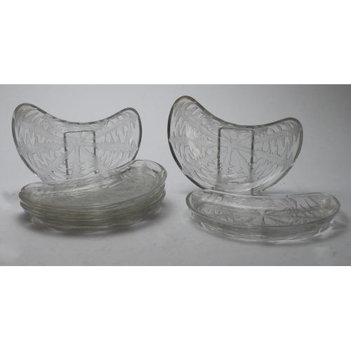 917 - Lalique. Six Lalique Pissenlit pattern crescent shaped dishes / side plates, each impressed with 'R.... 