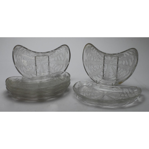 918 - Lalique. Six Lalique Pissenlit pattern crescent shaped dishes / side plates, each impressed with 'R.... 