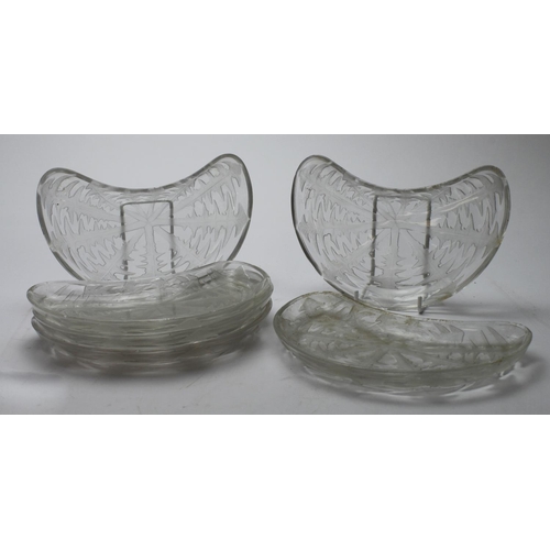 919 - Lalique. Six Lalique Pissenlit pattern crescent shaped dishes / side plates, each impressed with 'R.... 