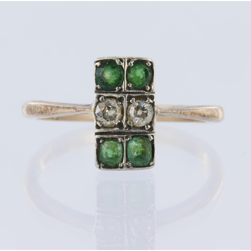 92 - Stamped '9ct' rose metat shield ring, set with four round faceted emerald and two old-cut diamonds, ... 