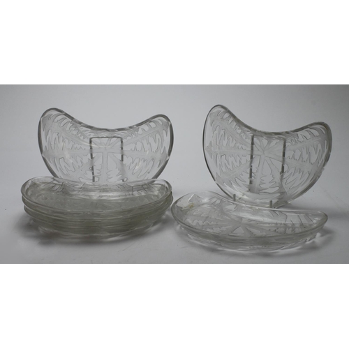 921 - Lalique. Six Lalique Pissenlit pattern crescent shaped dishes / side plates, each impressed with 'R.... 