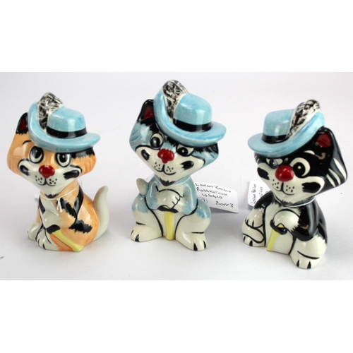 924 - Lorna Bailey set of three pussketeer cats. Purrthos, Pawthos & Armeon, signed on bases