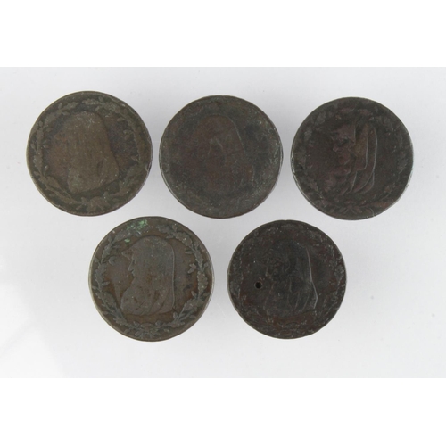 1013 - Tokens, 18thC (5): Druid Head copper halfpennies of Anglesey, Fair-Fine, one attempted piercing.