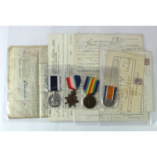 1023 - 1914 Star BWM and Victory medal with GRV Naval Long Service medal to PO15568 RM Brigade comes with o... 