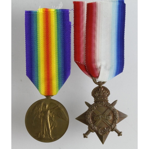 1027 - 1915 Star & Victory Medal to 23454 Pte W Lowe Liverpool Regt. Served with 14th and 18th Bn's. (2)