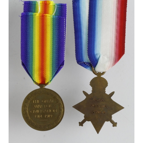 1027 - 1915 Star & Victory Medal to 23454 Pte W Lowe Liverpool Regt. Served with 14th and 18th Bn's. (2)