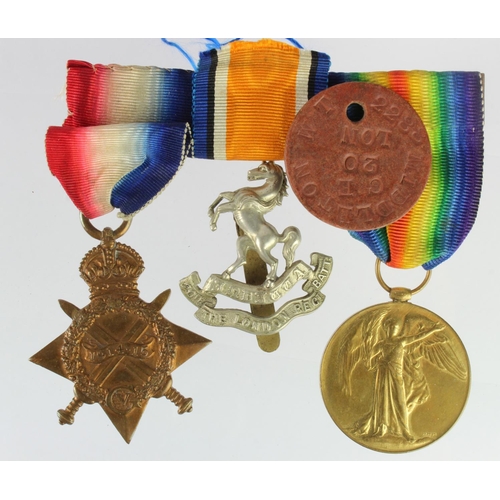 1030 - 1915 Star and Victory medals to 2288 Pte W T Middleton 21st London Regiment, comes with his id tag a... 