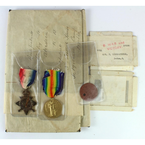 1031 - 1915 Star and Victory medals to 5511 Sgt T Kirkpatrick 3rd Scottish Horse comes with his ID tag and ... 