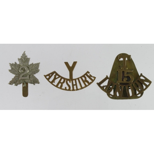1083 - Badges - 2nd Canadians cap badge, with shoulder titles Y/Ayrshire, and T/15/London. (3)