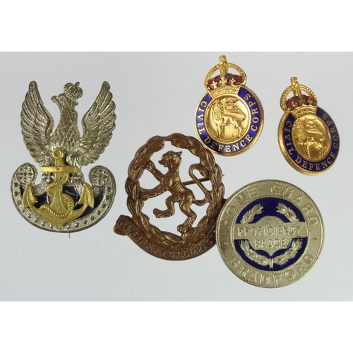 1096 - Badges including Bradford Home Guard Proficiency, Polish Naval badge, various Lapel badges and milit... 