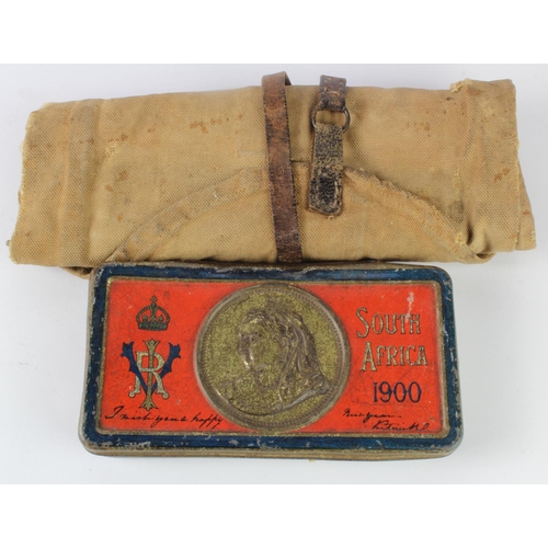1106 - Boar war gift tin containing original broken biscuit with soldiers shaving roll containing cut throa... 