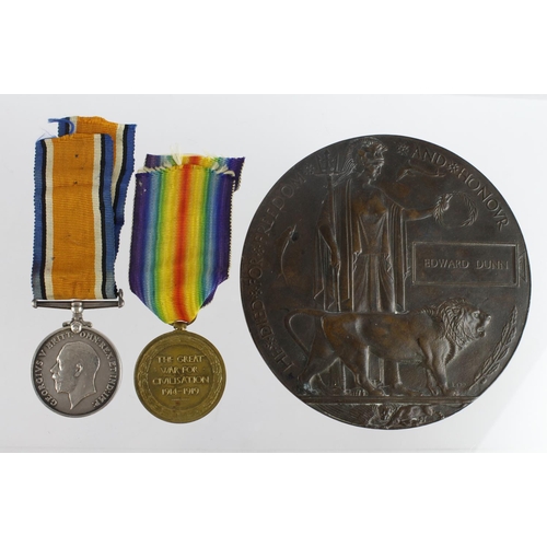 1118 - BWM & Victory Medal + Death Plaque for 25038 Pte Edward Dunn Hamps Regt. Killed In Action 11/4/1917 ... 